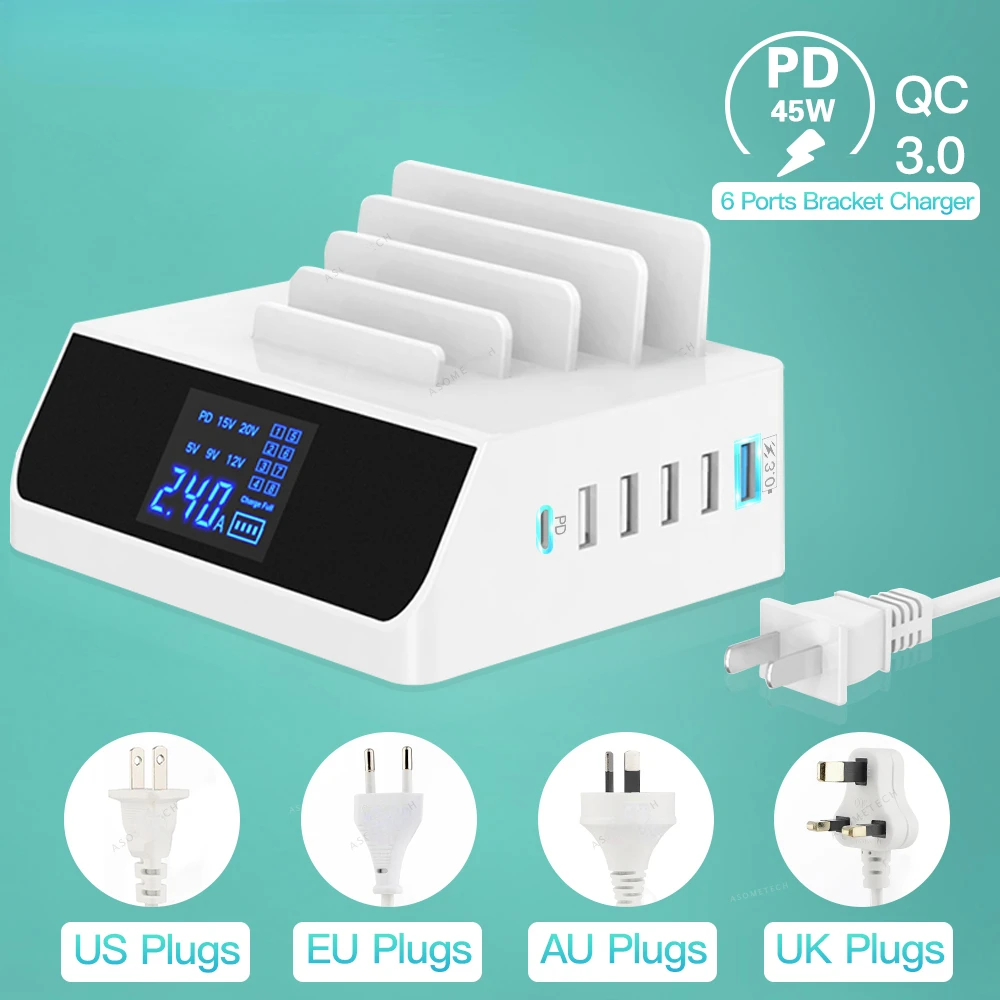 

Multiple USB Charger Station QC3.0 PD3.0 100W USB C Charger Dock LCD Display Desktop Phone PD Charger For iPhone Samsung Macbook