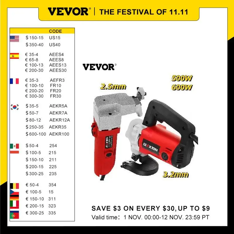 

VEVOR Electric Sheet Metal Shear 500W 600W Handed Snip Scissor 2.5mm 3.2mm Cutter Capacity for Cutting Steel Iron Aluminum Board