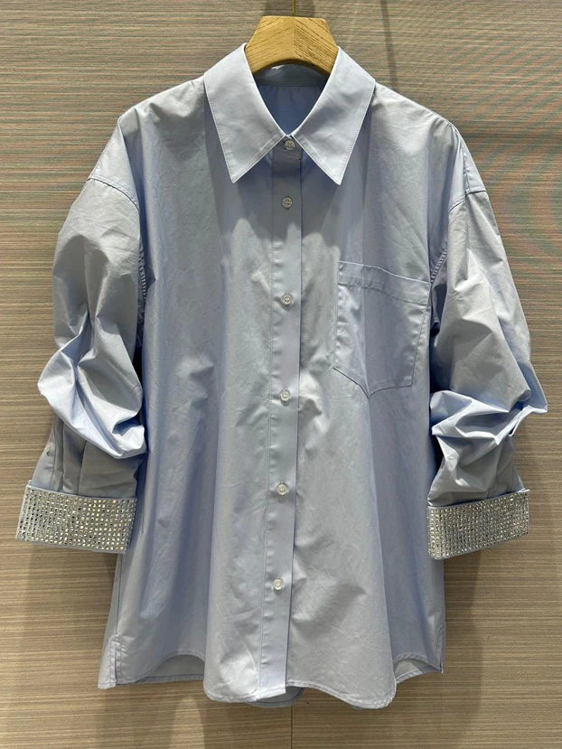 

Rhinestone Sleeve 2023 New Spring Autumn Vintage Loose Shirt and Bouse Female Loose Blue Blouse Women Tops Camisas De Mujer