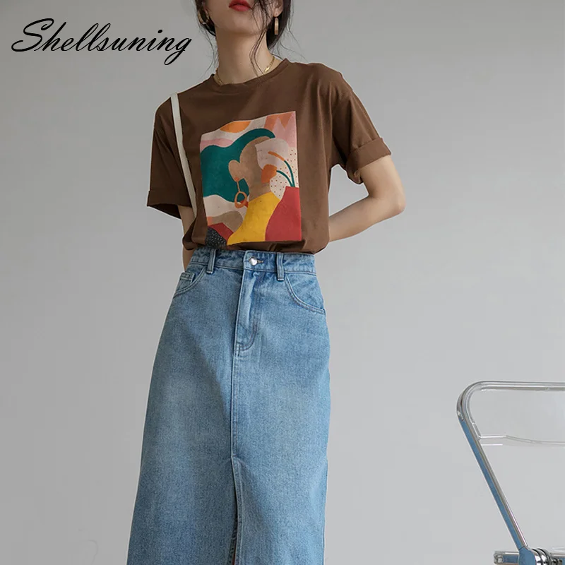 

Shellsuning Summer Loose Aesthetic Character Printed Tops Women Vintage Short Sleeve Cotton T Shirt Female Fashion All-match