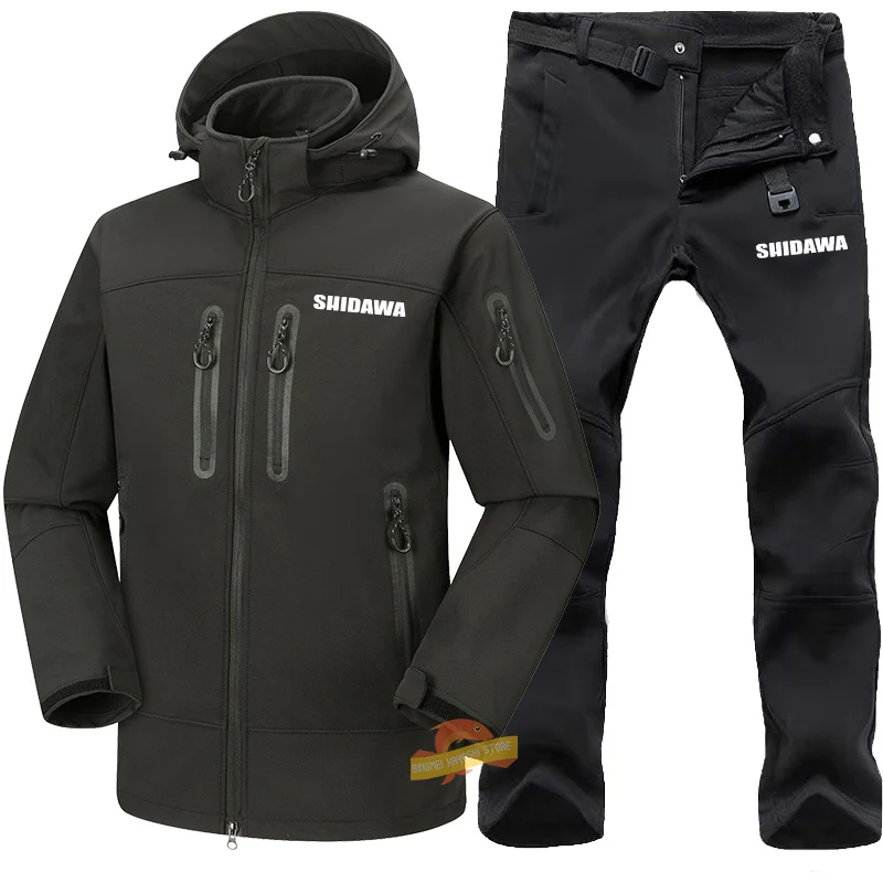 New Men's Windproof Waterproof Fishing Suit Winter Thickened Warm Fleece Clothes Outdoor Sports Fishing Jacket Pants Hiking Set