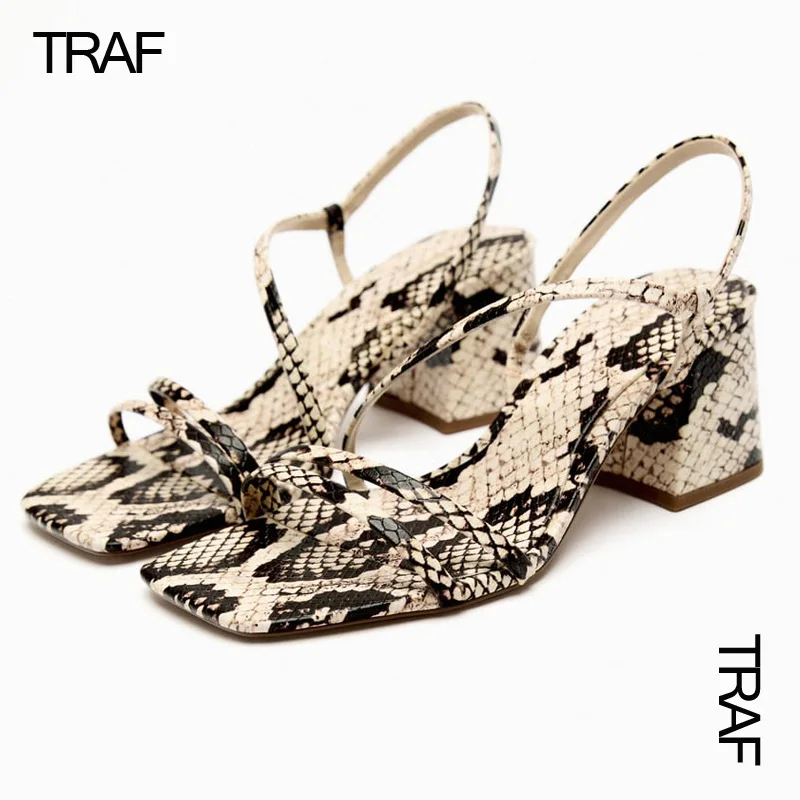 

TRAF Animal Print Heeled Ssandals Women's Sandals Summer 2023 High heels Slingback Strappy Square toe Block Designer Heel Sandal