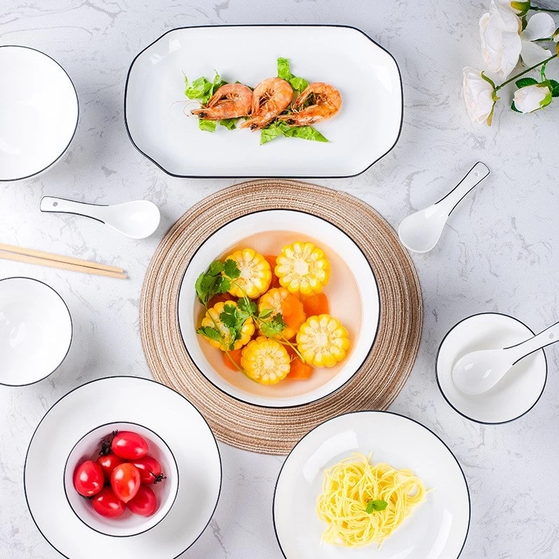 

Dishes Set Black Line Simple Nordic Tableware Plates Home Eating Bowls Dishes Ceramic Tableware High-end Gifts