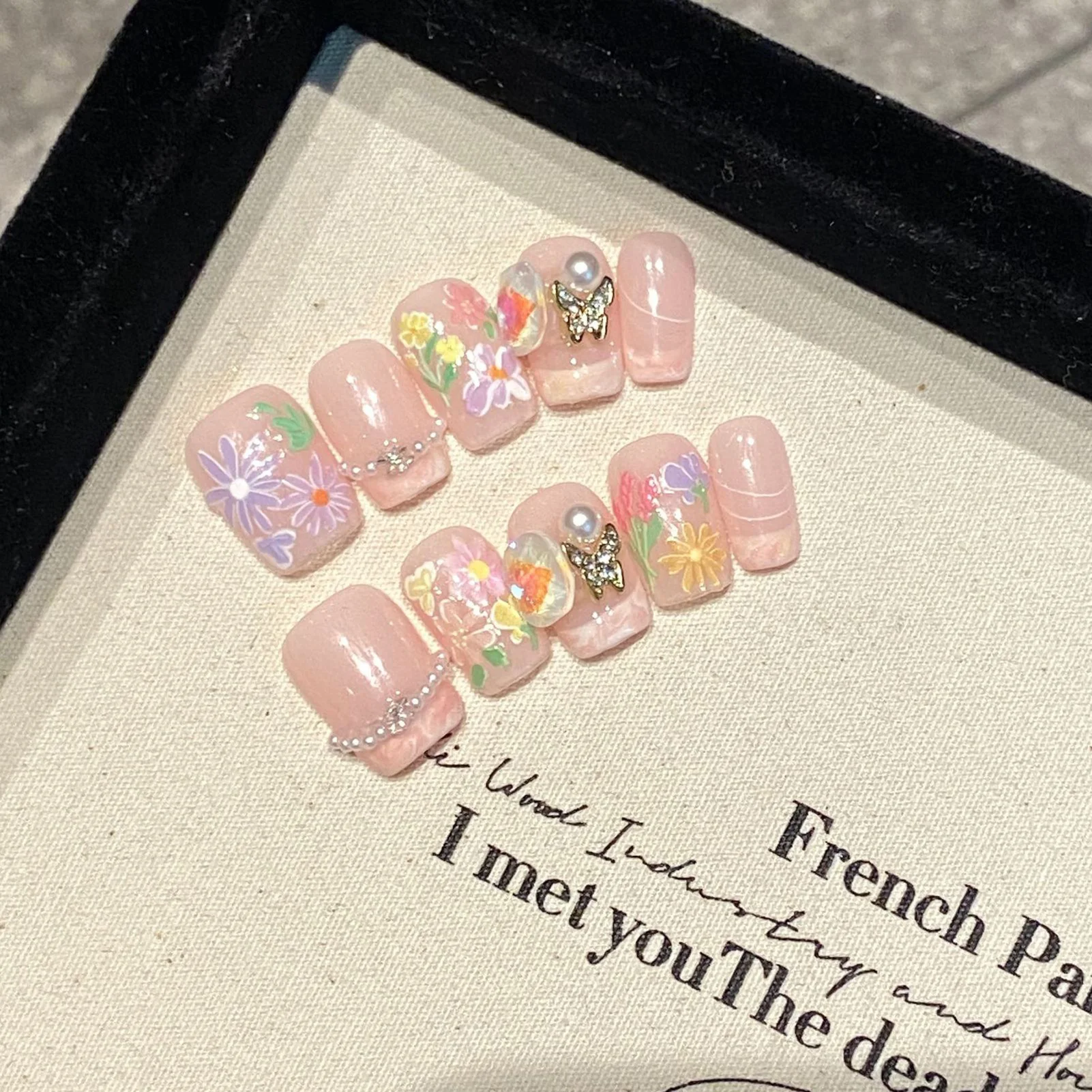 Ручная роспись цветочные накладные ногти металлическая бабочка жемчужный пресс