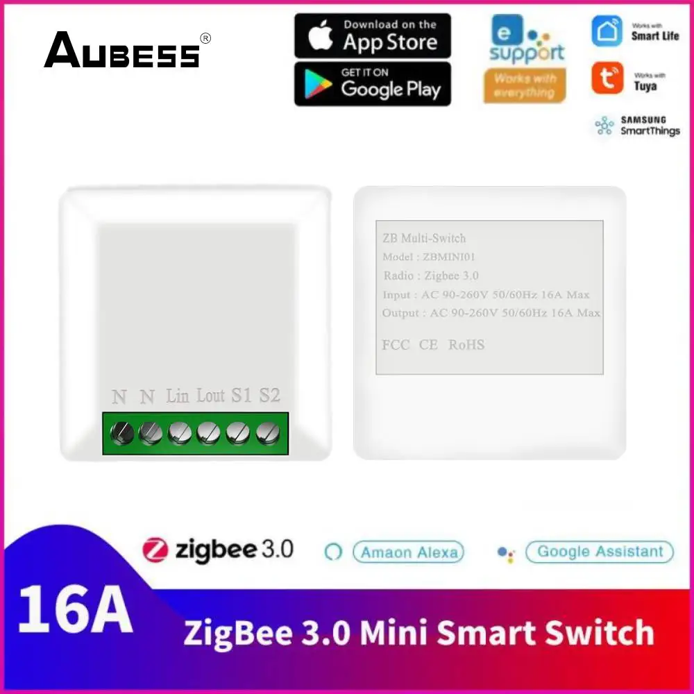 

Aubess 16A ZigBee 3.0 Mini Smart Switch Supports 1way 2way For Ewelink Tuya SmartThings Hub With With Alexa And Google Assistant