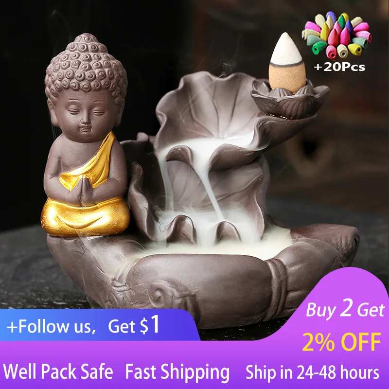 

Creative Purple Sand Backflow Incense Stove Lotus with Gold Small Rulai Waterfall Backflow Incense Stove Home Decoration