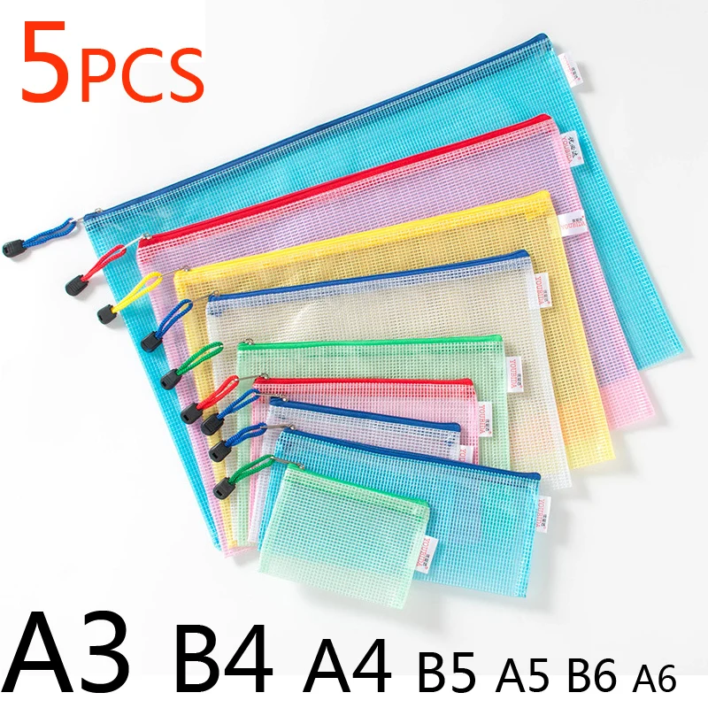 PVC Stationery Storage Bag Folder File Mesh Zipper Pouch A4 A5 A6 B4 B5 A3 B4 Document Bag File Folders School Office Supplies