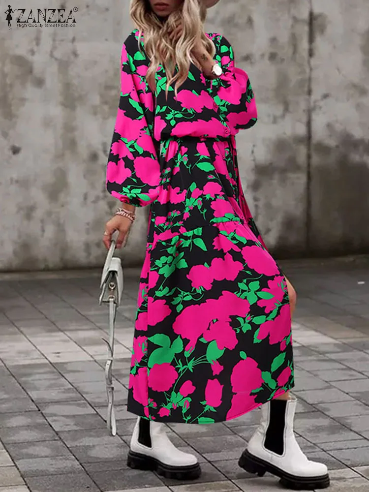 

Праздничные осенние платья-Макси на шнуровке ZANZEA, модные женские платья-рубашки, богемные платья с принтом и лацканами, свободные халаты большого размера