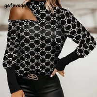 fashion geometric printed turtleneck off shoulder top women patchwork knitted long sleeve t shirt lady slim pullovers tee femme
