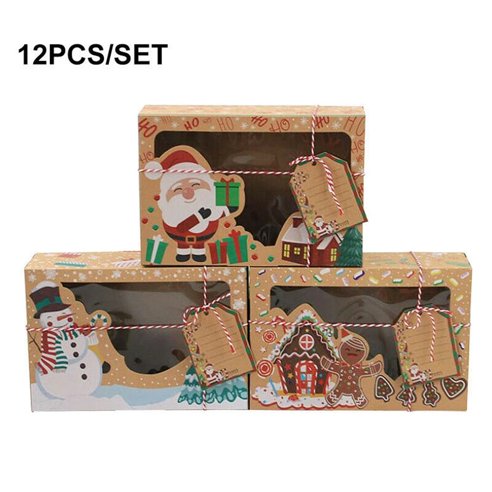 

3/12 шт. Рождественская коробка для печенья коробка для шоколада из крафтовой бумаги коробка для конфет прозрачная оконная упаковка пакет ко...