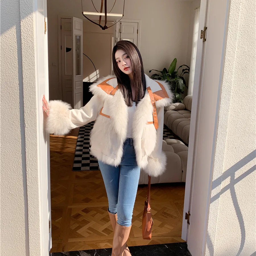 Wearing Fox Fur Top Women's Clothing Full Leather Coat on Both Sides Young Jackets Winter Overcoming Suede with Fox Fur Collar