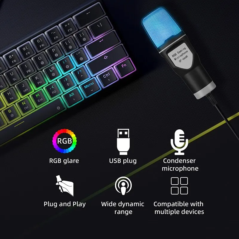 USB-конденсаторный микрофон SF666R RGB игровой с кабелем для студийной записи