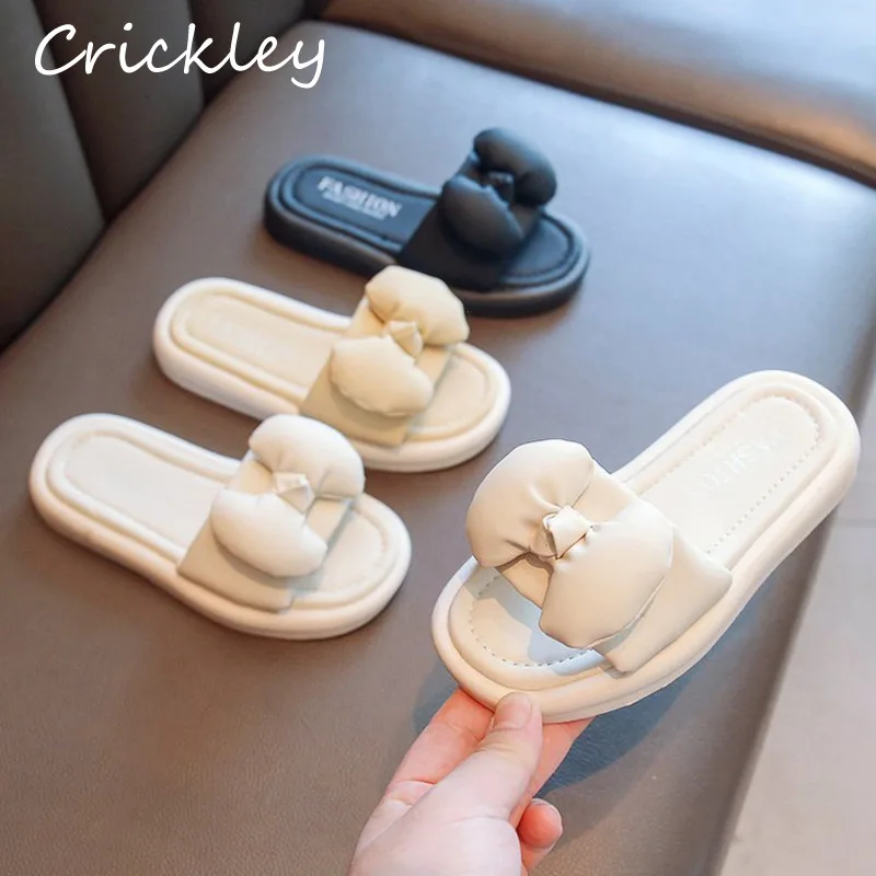 

Summer Solid Children's Slippers Bow PU Leather Beach Shoes For Child Girls Flip Flops Soft Sole Outdoor Children Slides Shoes