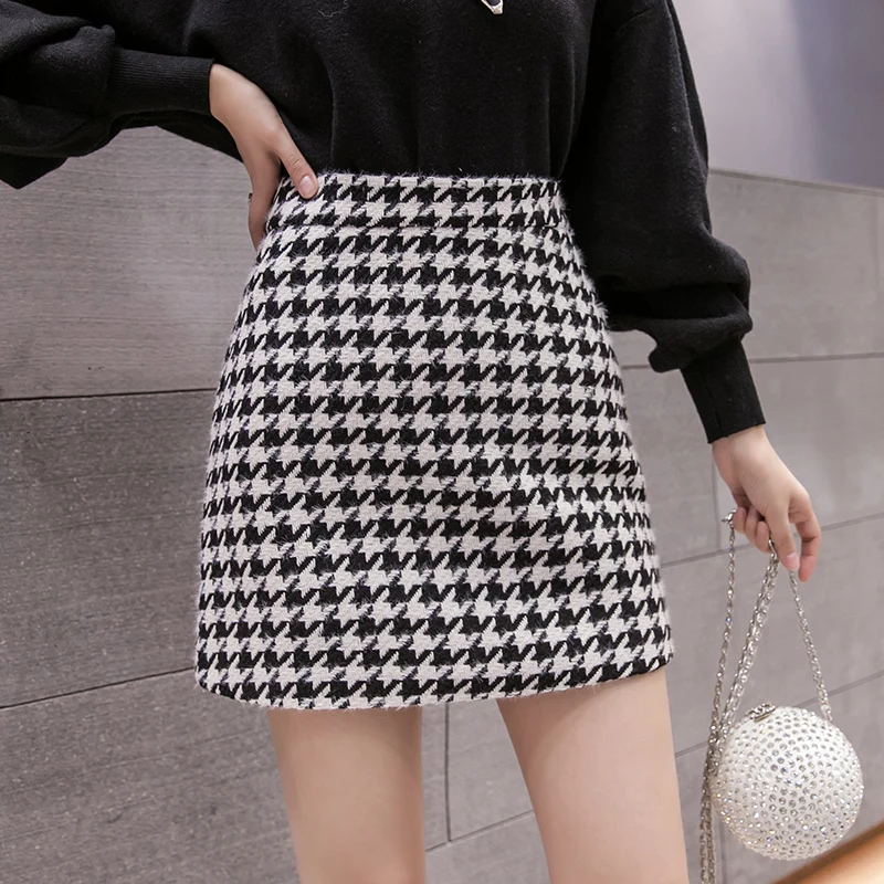 

Office Lady Slim MiNi Skirts Houndstooth Wool Skirt Women New High Waist Plaid A-shaped Woolen Short Skirt Woman Fashion 289A