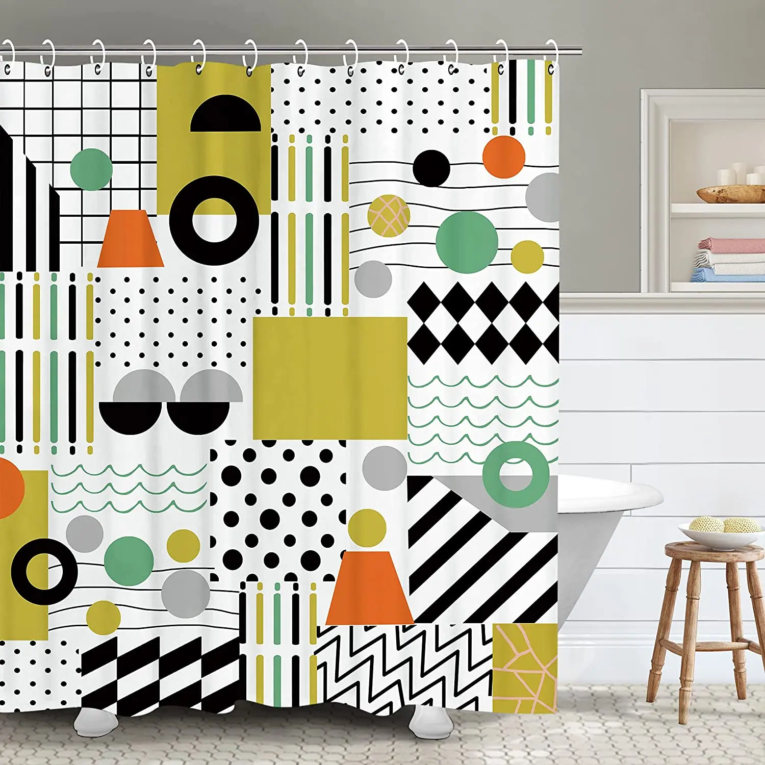 

Modern Geometric Abstract Shower Curtain Waterproof Yellow Black and White Art Pattern Bathroom Decor with 12 Hooks 72x72 Inches