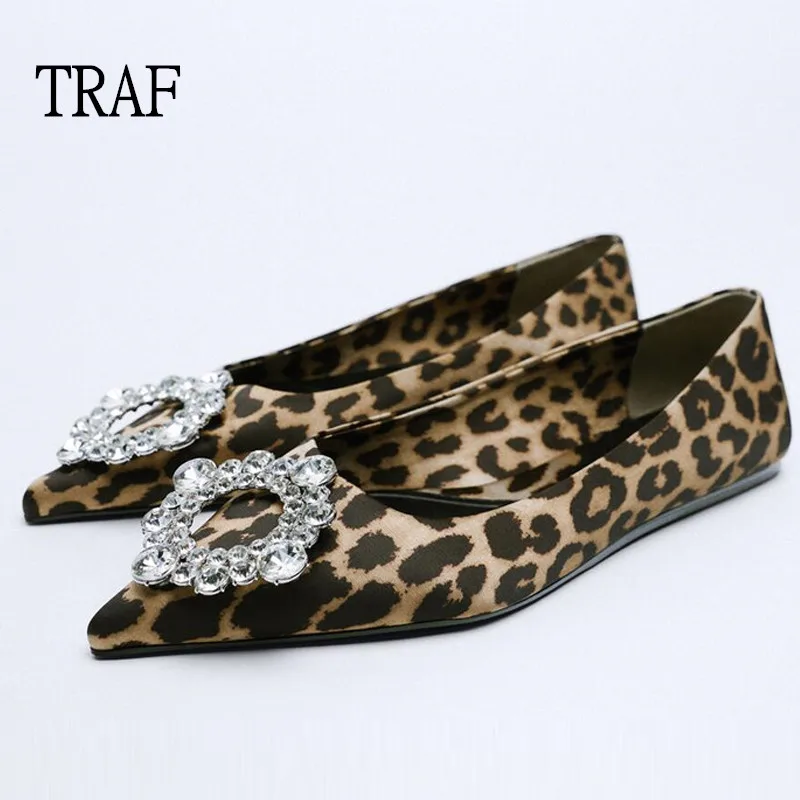 

TRAF Women Flat Shoes Spring 2023 Rhinestone Elegant Lady Shoes Without Heels Leopard Print Ladies Brand Casual Woman Flats low