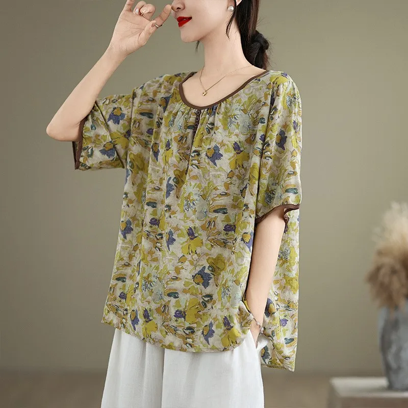 Женский пуловер с принтом Johnature Повседневная Свободная блузка круглым вырезом и