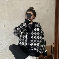 deeptown korean style argyle plaid knitted cardigan sweater women oversize v neck jumper autumn single breasted jackets female