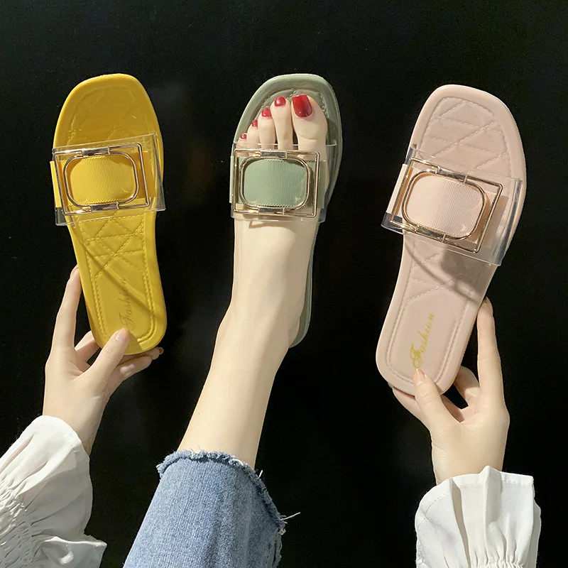 2022 New Summer Women's Slippers PVC Belt Fashion Simple Square Buckle Sandals Flat Slippers Beach Slides