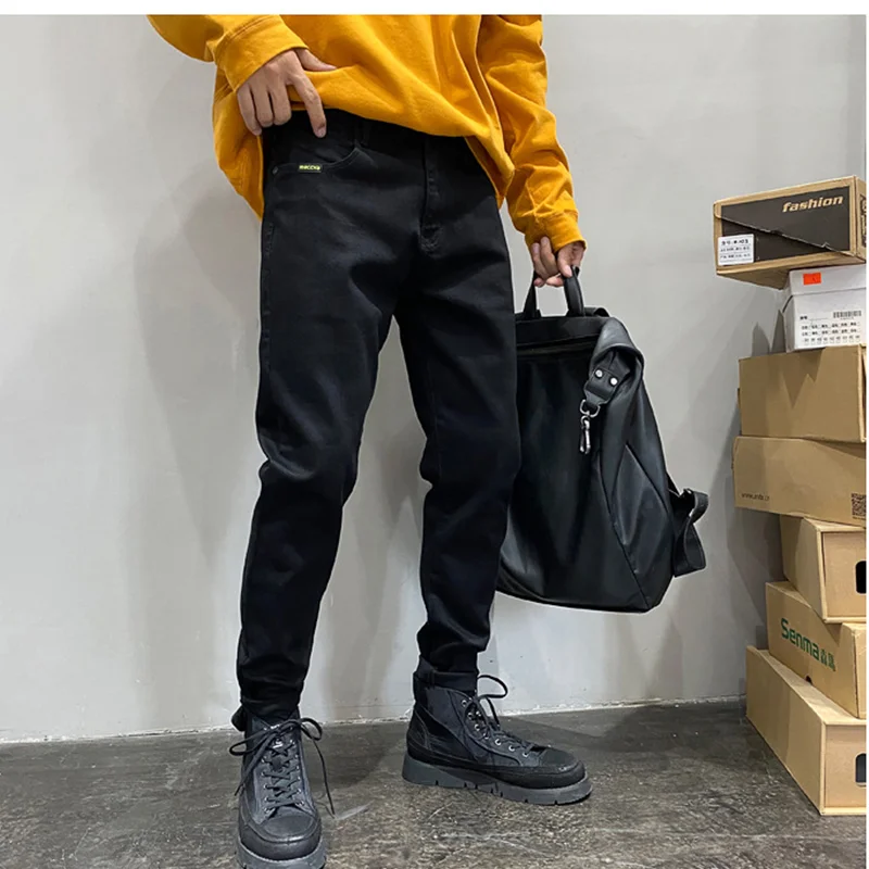 Streetwear Men 2022 New Pattern American Recreational Black Haren Pants Chaopai Small Trouser Leg Self-cultivation Jeans Autumn