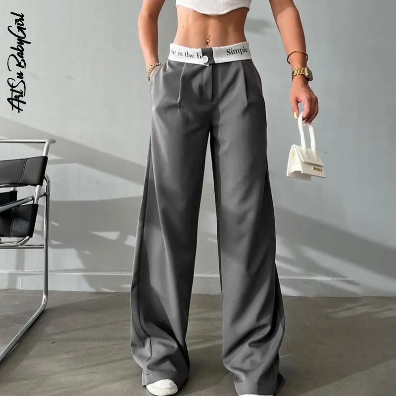 

Брюки женские Костюмные с завышенной талией, свободные длинные брюки, повседневные дамские Широкие штаны в стиле пэчворк с надписью, на мол...