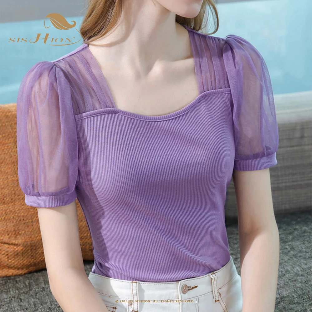 

Женская Модальная футболка SISHION VD3133, привлекательная винтажная блузка с квадратным вырезом и коротким рукавом, черная, синяя, фиолетовая, ле...