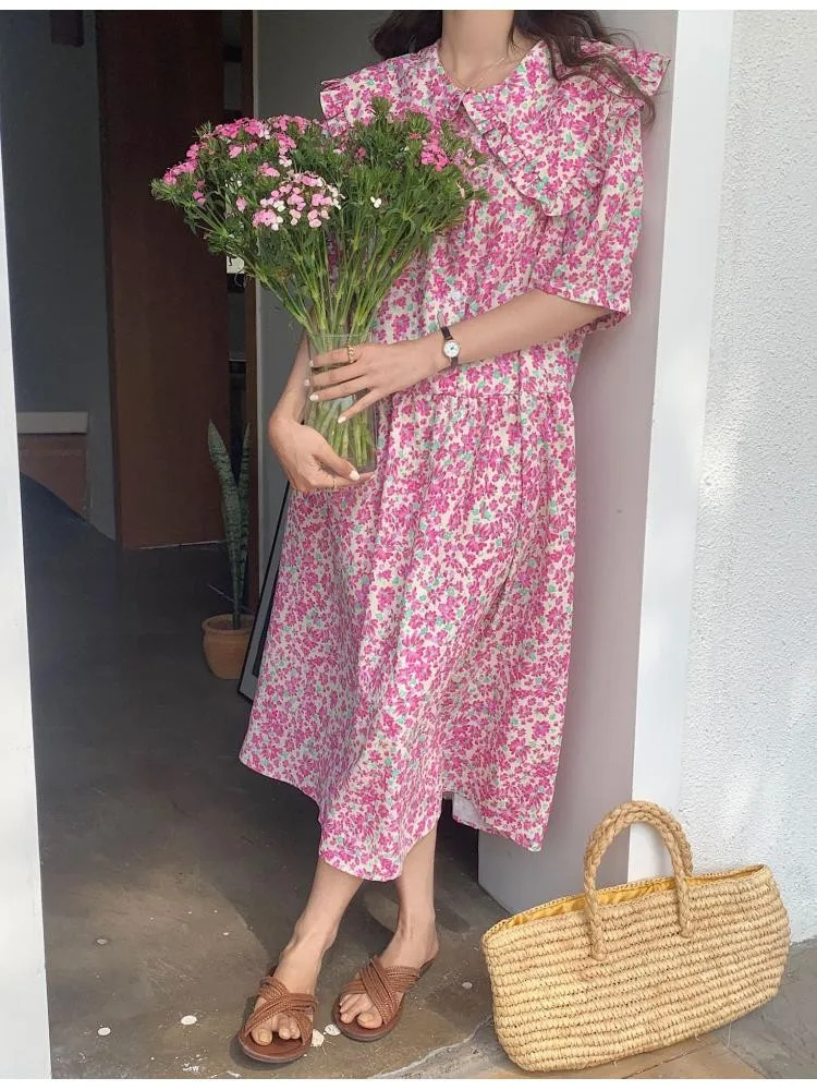 

Женское однобортное длинное платье, свободное однобортное платье с цветочным принтом и оборками на воротнике, модель 2022 в Корейском стиле д...