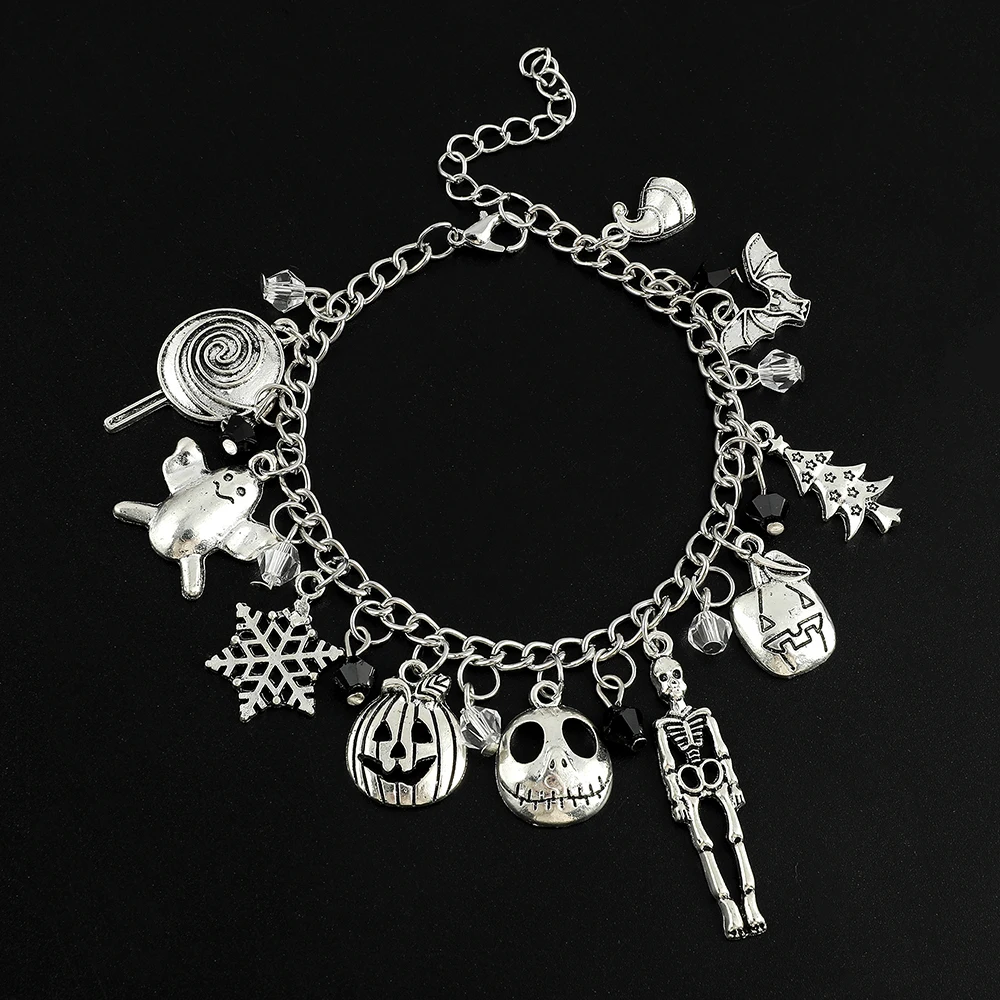 

Disney Anime The Nightmare Before Christmas Metal Charm Bracelet Skeleton Bat Pumpkin Modeling Pendant Jewelry Beads Bracelet