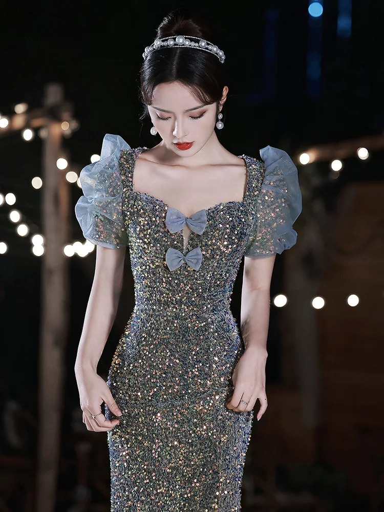 

2022 New Luxury Mermaid Sequin Prom Dresses Elegant Puff long Sleeves Sweet Bow Off the Shoulder Long Evening Dress For Women