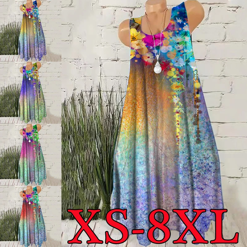 

2022 Women's Summer O-neck New Sleeveless Printed Dress XS-8XL
