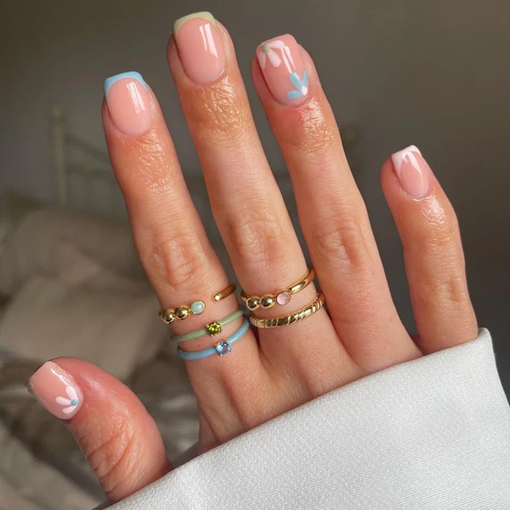 

24 шт. короткие французские накладные ногти для дизайна ногтей цветок ручная роспись дизайн накладные ногти полное покрытие водонепроницаемый съемный пресс на ногти
