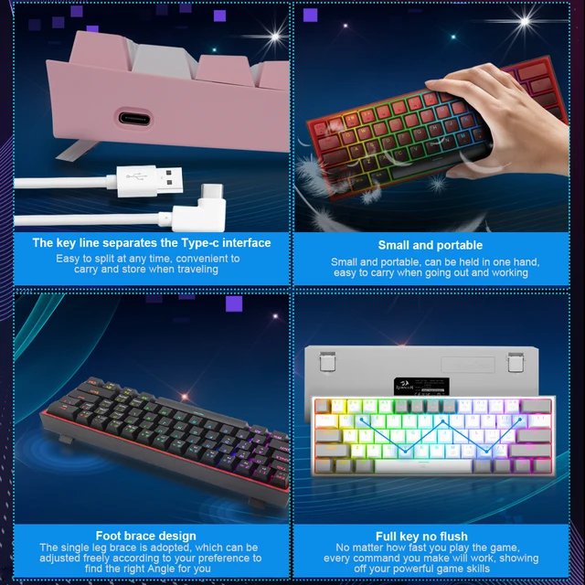 K617 RGB USB Mini Mechanical Gaming Wired Keyboard Red Switch 61 Key Gamer for Computer PC Laptop detachable cable 5