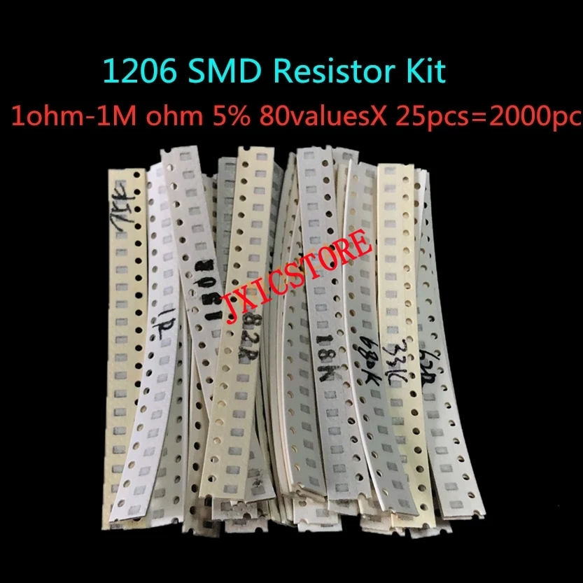 

Набор резисторов 2000 SMD, 1206 шт., набор в ассортименте, 1 ОМ-1 Ом, 5% 80 ценностей, 25 шт. = 2000 шт., набор образцов