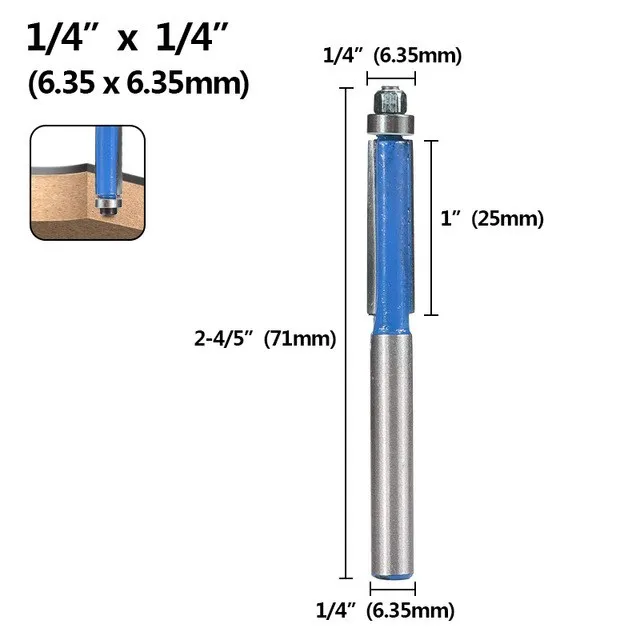 Концевая фреза с хвостовиком 1/2, 1/4 дюйма, с верхним подшипником, 25,4-30 мм, с двойной канавкой, прямая фреза из карбида вольфрама