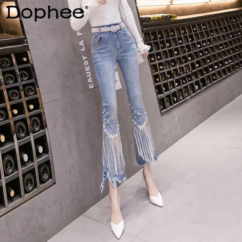 

Джинсы женские драпированные с завышенной талией, укороченные синие облегающие джинсы с бахромой и бисером, весна-лето 2022