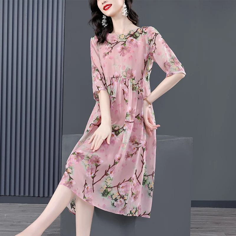 

Женское тонкое длинное платье Hangzhou, летнее приталенное платье из шелка тутового шелкопряда с круглым вырезом и коротким рукавом