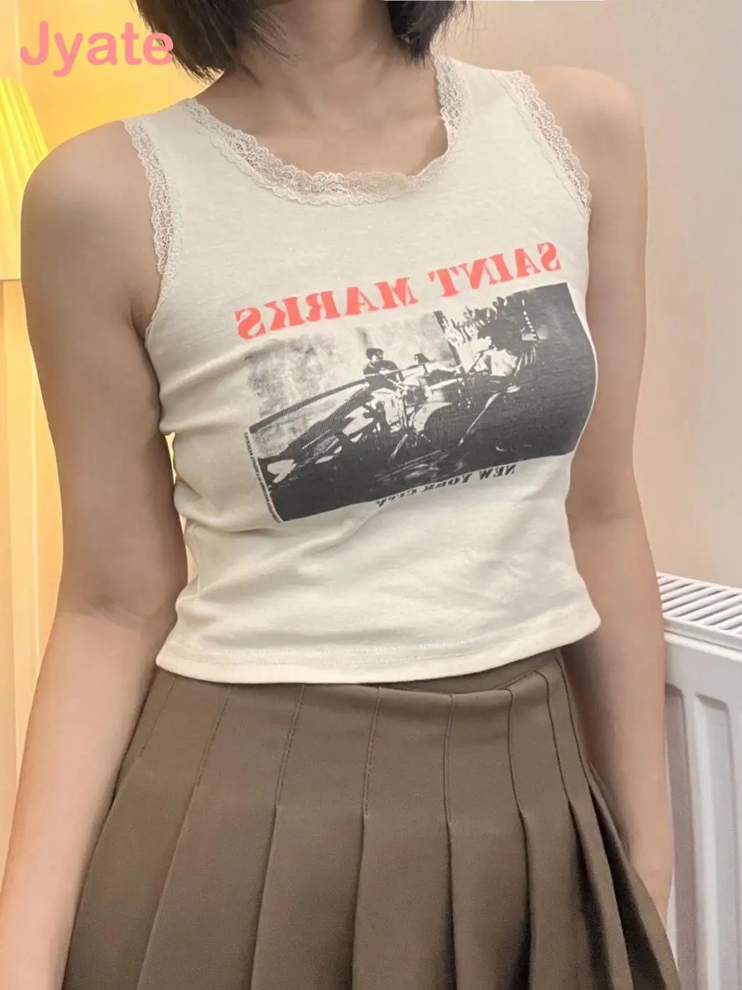 

Jyate Lace Patchwork Y2K Top Women Summer 2022 Graphic Printed Cotton Fashion Camis Camisole Female Casual Cropped Tank Tops