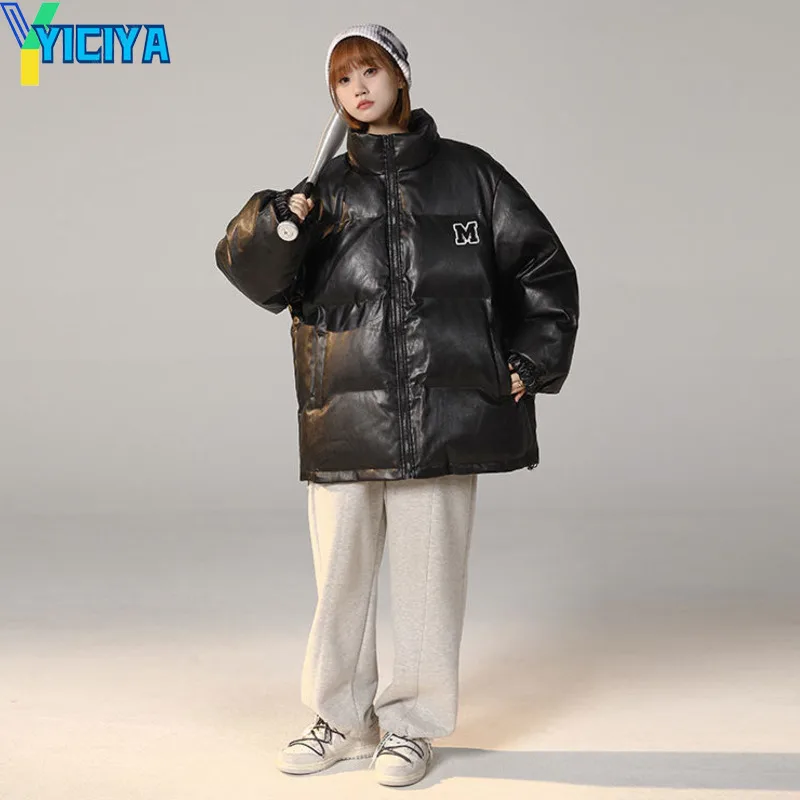 YICIYA Parkas Women Unisex Students Simple Solid Casual Loose Fashion Thicken Winter Stand-neck Coats BF Zipper Streetwear Chic