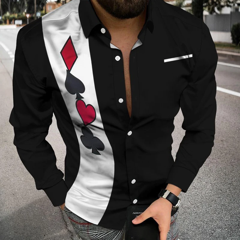 Men's Shirts Long Sleeves Casual Retro Lapel Black White Poker Harajuku Print Hawaiian Cardigan Fashion Prom Business Social Top