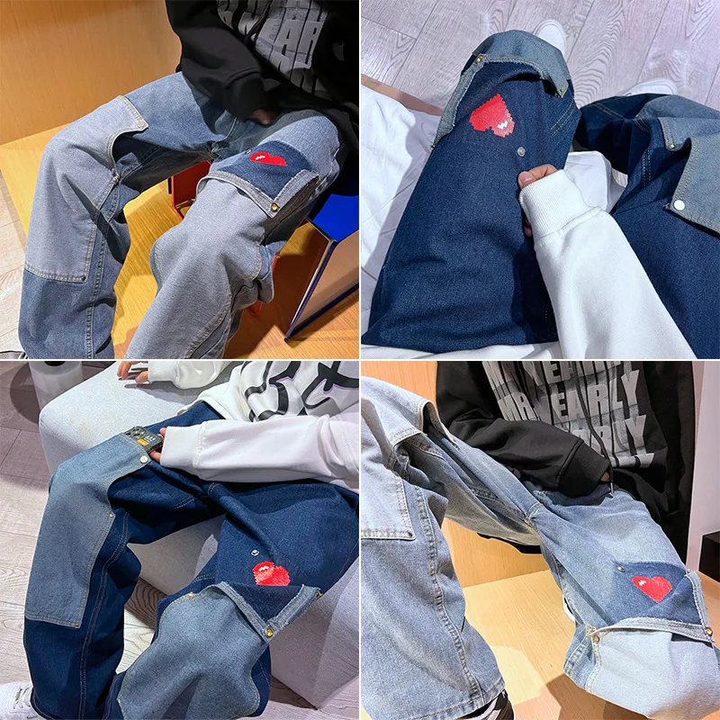Streetwear Vintage Jeans Men Jeans Summer Pocket Stitching Printing Jeans Men Korean Jeans Casual Mid Waist Denim Straight Pants