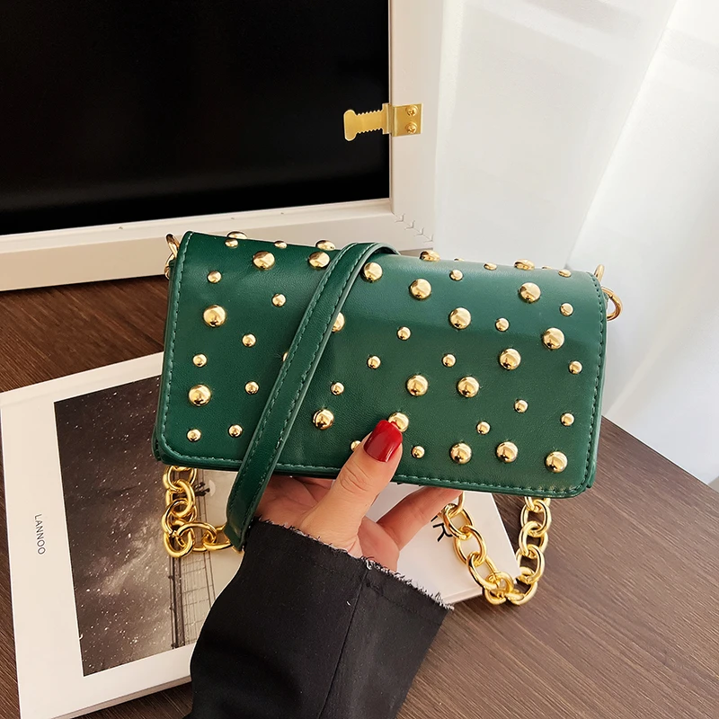 

Luxury Design Rivet Baguette Shape Bag 2022 Armpit Shoulder Bag Acrylic Thick Chain Crossbody Bag Handbag and Purse Lady Clutchs