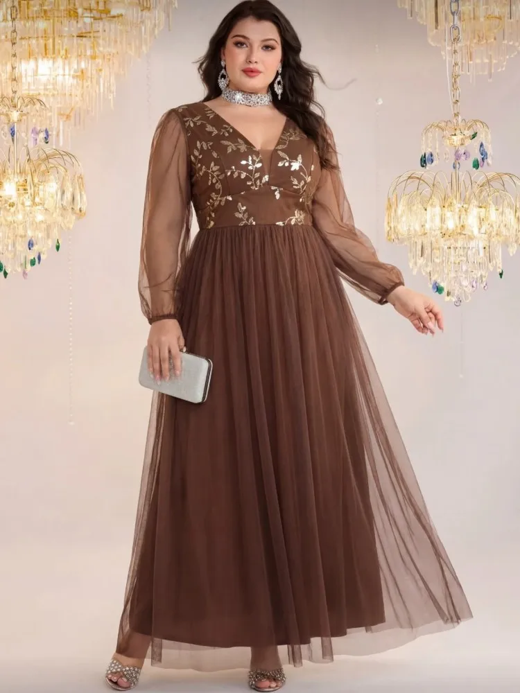 Фото Платья с пайетками больших размеров XL-3XL, женские летние платья с длинным рукавом в уличном стиле, повседневные макси-платья больших размеров 3XL, оверсайз №1
