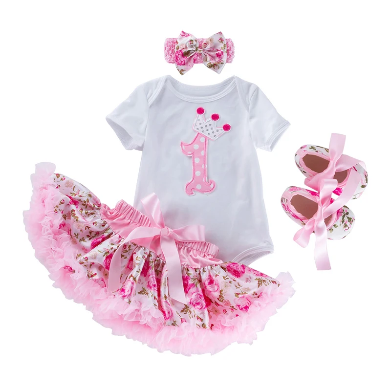 

Одежда для маленьких девочек на первый день рождения, комплект из 3 предметов или 4 предметов, комбинезон для малышей, юбка-пачка, обувь, повязка на голову, вечерние, костюм, платье с цветочным рисунком