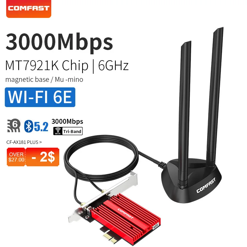 3000Mbps Pcie Wifi 6E Desktop Adaptador Bluetooth 5.2 Placa Wifi Win11 10 802.11Ax 1800M Banda Dupla Antena Placa De Rede Placa Wifi Pci Express