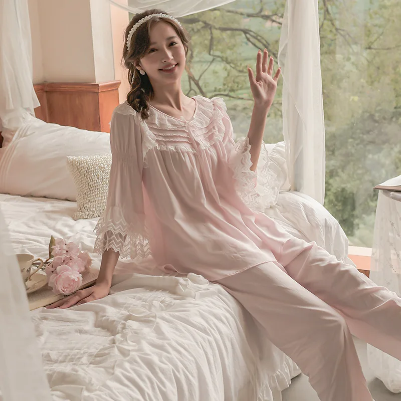 French Court Style Sweet Nightwear Women's Spring Autumn Long Sleeve Princess Fairy Lace Home Clothes 2Pcs Set Girl Sleepwear