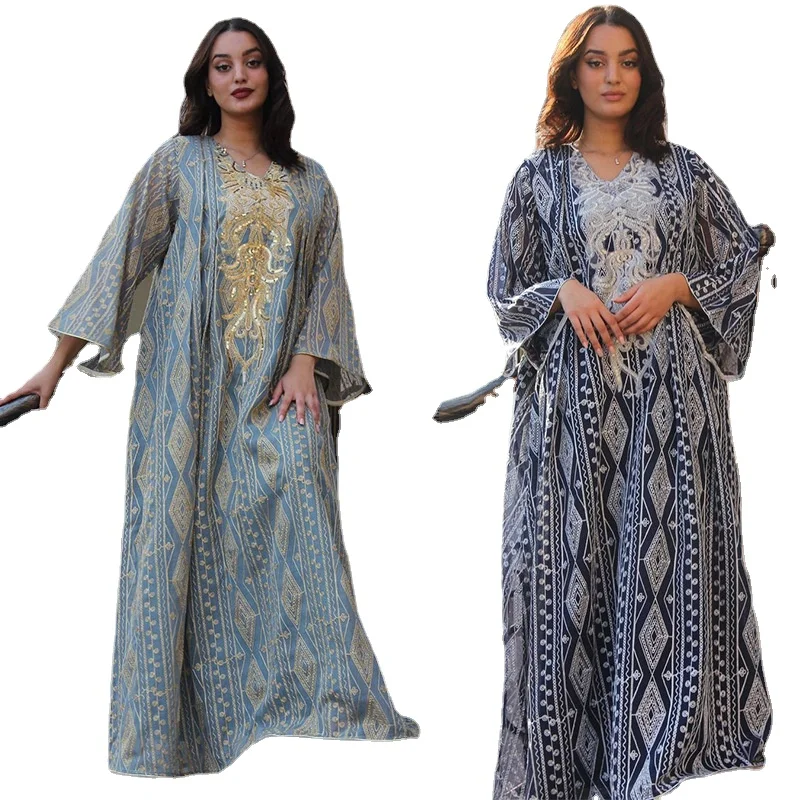 2023 Spring Summer Muslim Fashion Long Sleeve V-neck Embroidery Polyester Long Abaya Muslim Dresses Women Abaya Dubai