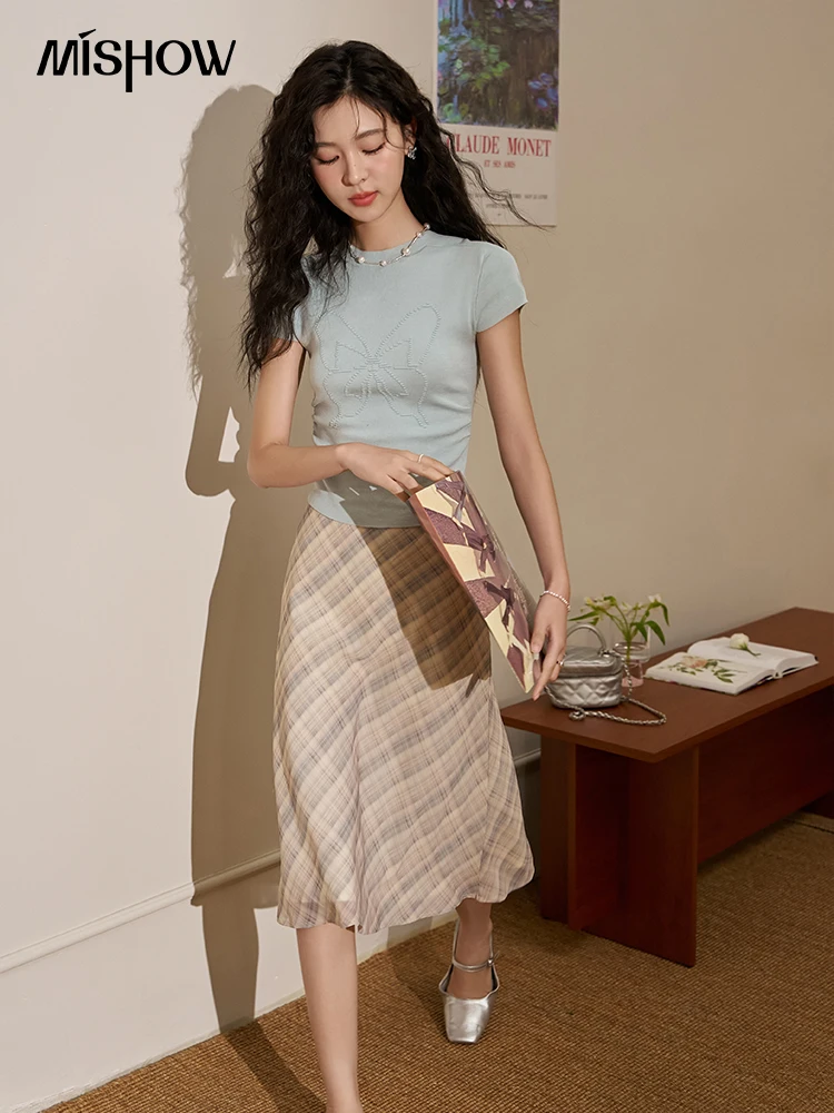 MISHOW жаккардовая трикотажная футболка с короткими рукавами и бабочкой женская