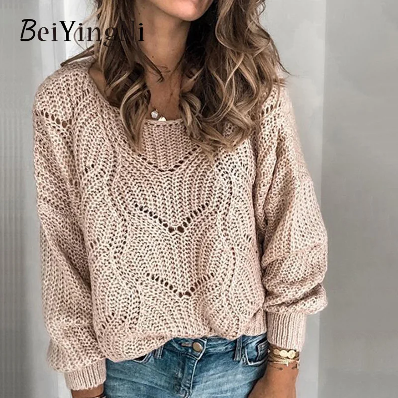 

Beiyingni Knitting Womens Sweater Hollow Out Lantern Sleeve V-neck Black Ladies Pullover Autumn Winter Loose Vintage Pink Jumper