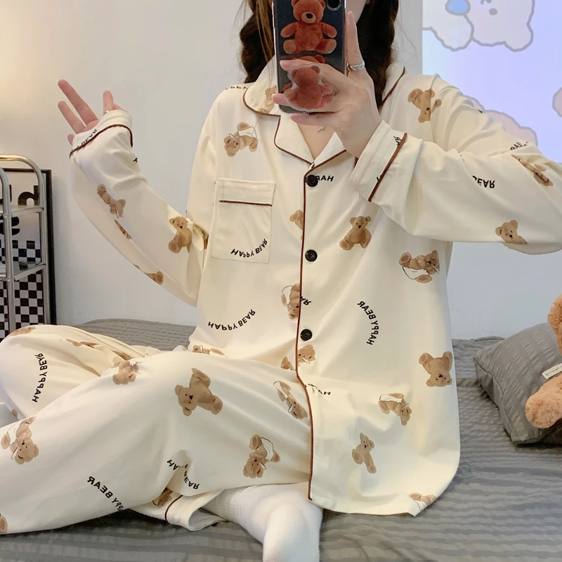 CAIYIER Sweet Winter Sleepwear Girls Kawaii Korean Nightwear Women Long Sleeve Top + Trsouers Soft Pajamas Set Chic Homewear