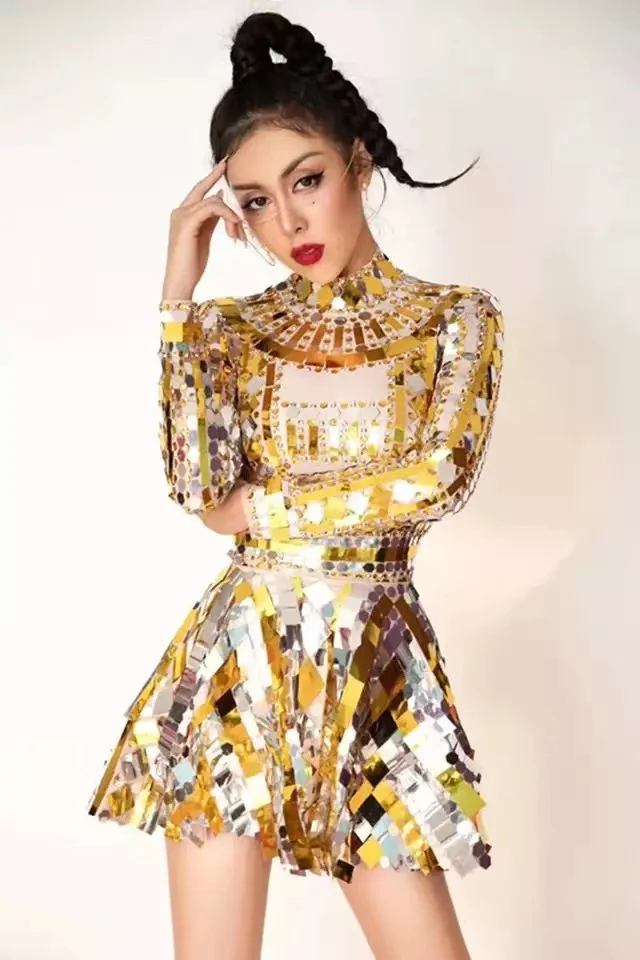 

Singer mirror dress Sparkly Gold silver Sequins Bodysuit Dress stage dance wears Rhinestone Costume Long sleeve